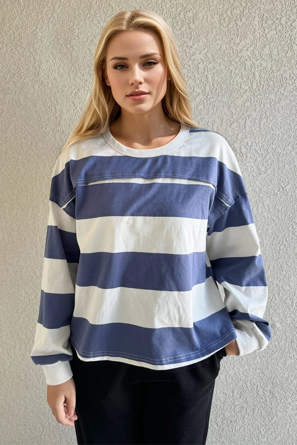 Oh Pima Cotton Wash Exposed Seam Contrast Striped Round Neck Long Sleeve T-Shirt - Grace & Grit Boutique