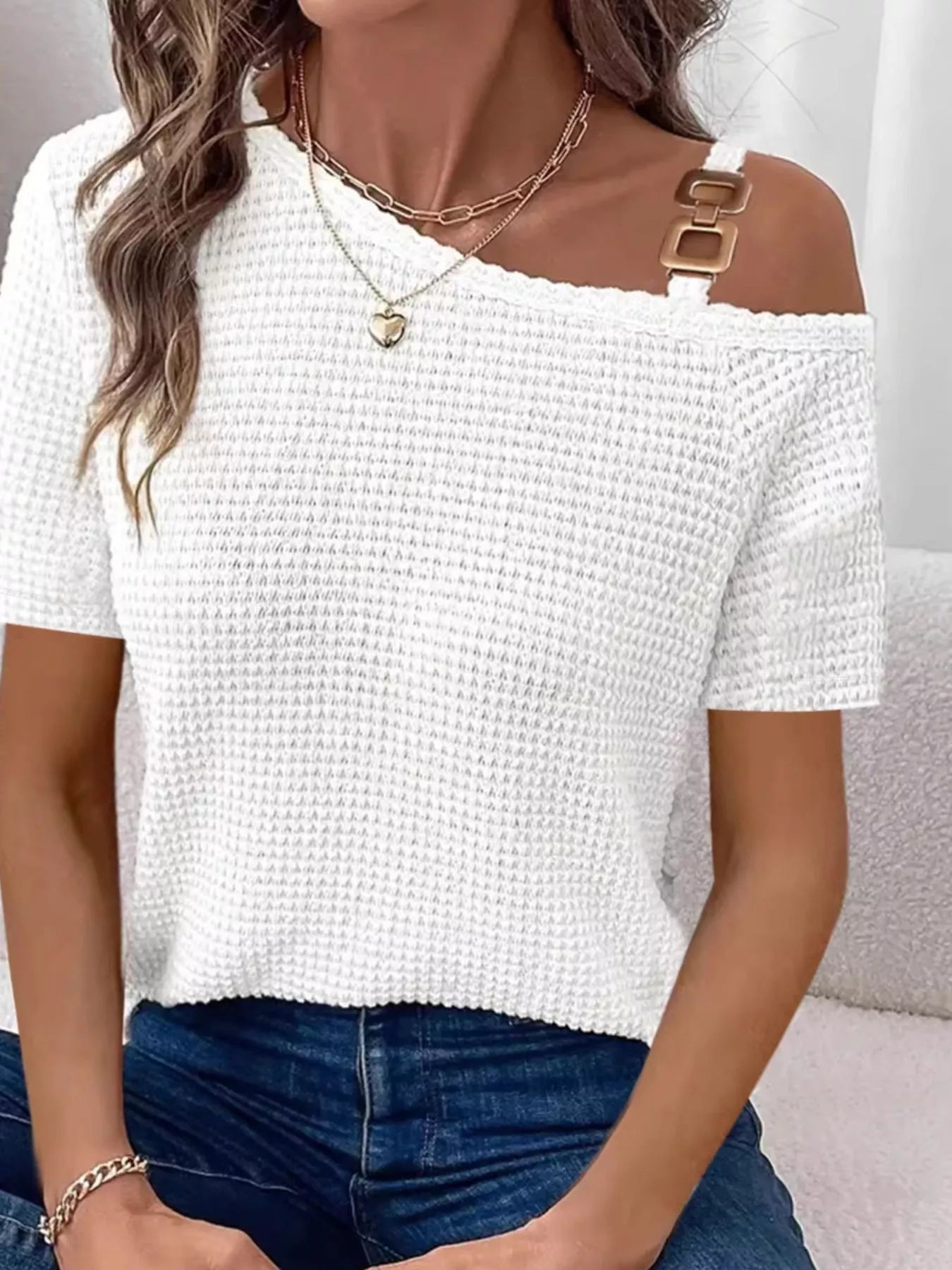 One - Shoulder Chain Detail Waffle Knit T-Shirt - Grace & Grit Boutique