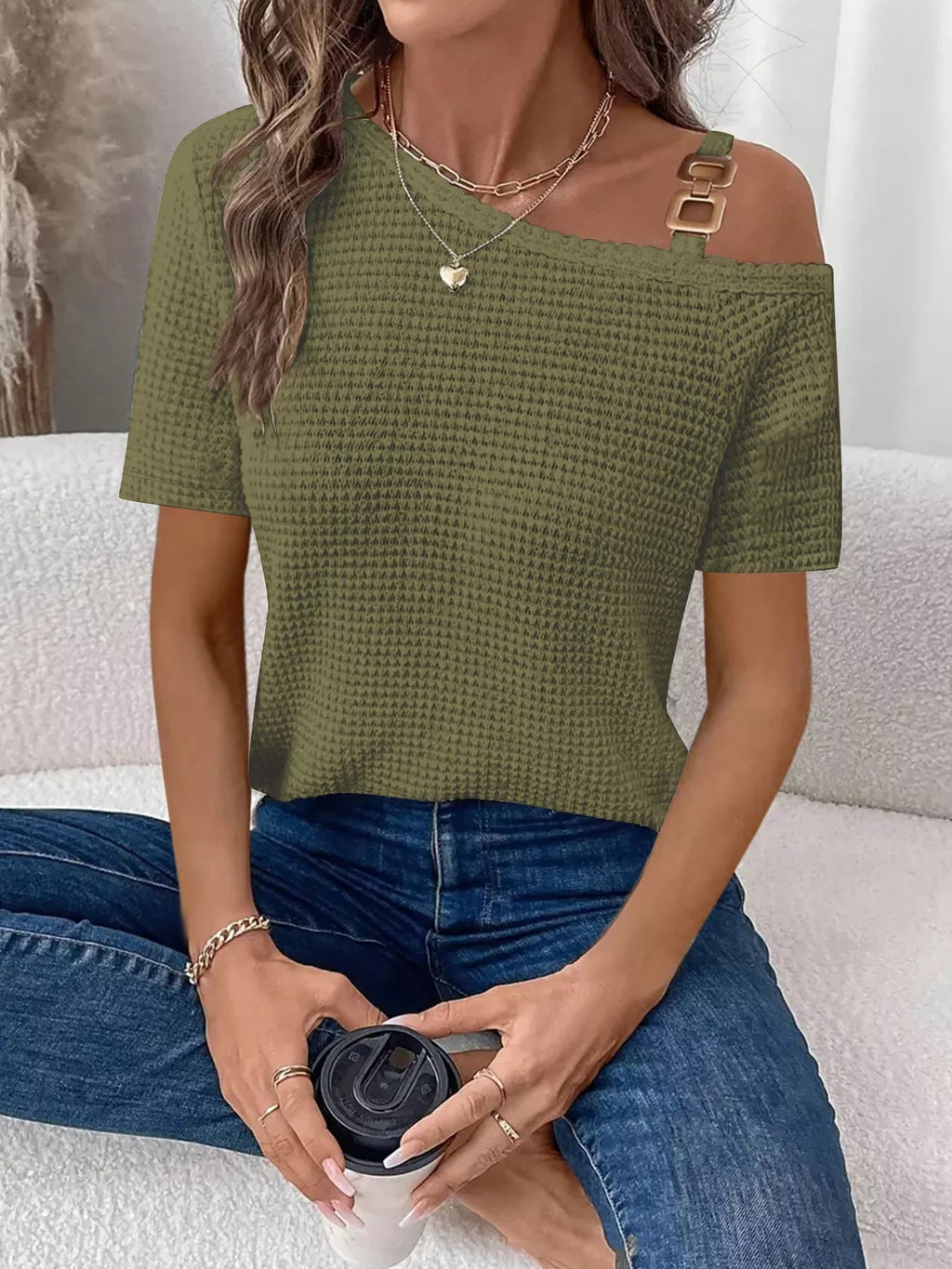 One - Shoulder Chain Detail Waffle Knit T-Shirt - Grace & Grit Boutique