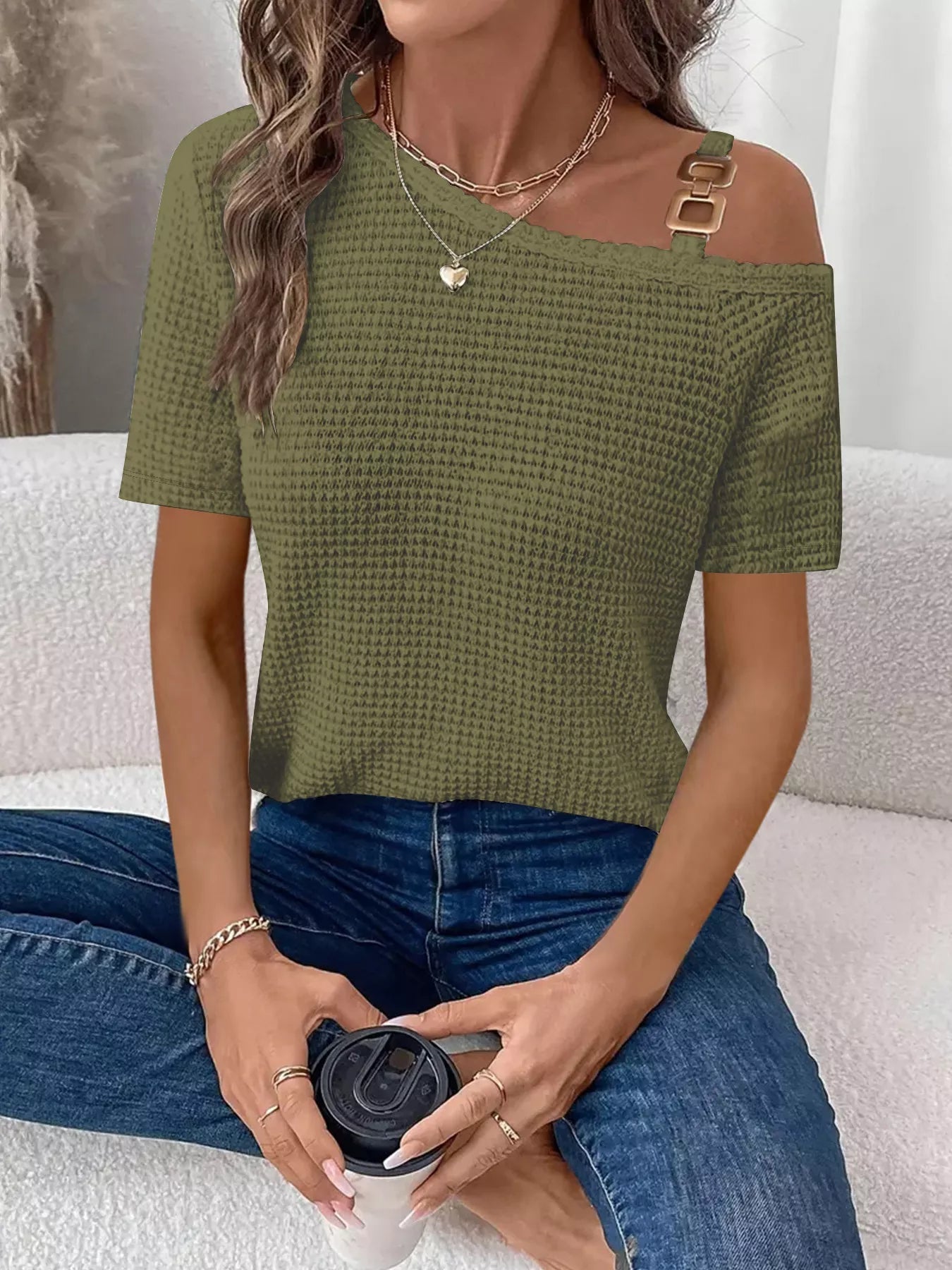 One - Shoulder Chain Detail Waffle Knit T-Shirt - Grace & Grit Boutique