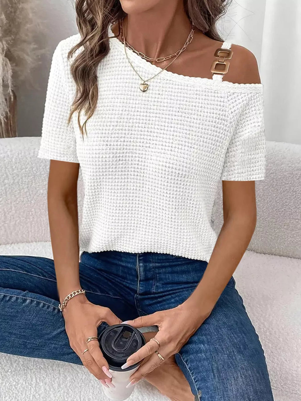One - Shoulder Chain Detail Waffle Knit T-Shirt - Grace & Grit Boutique
