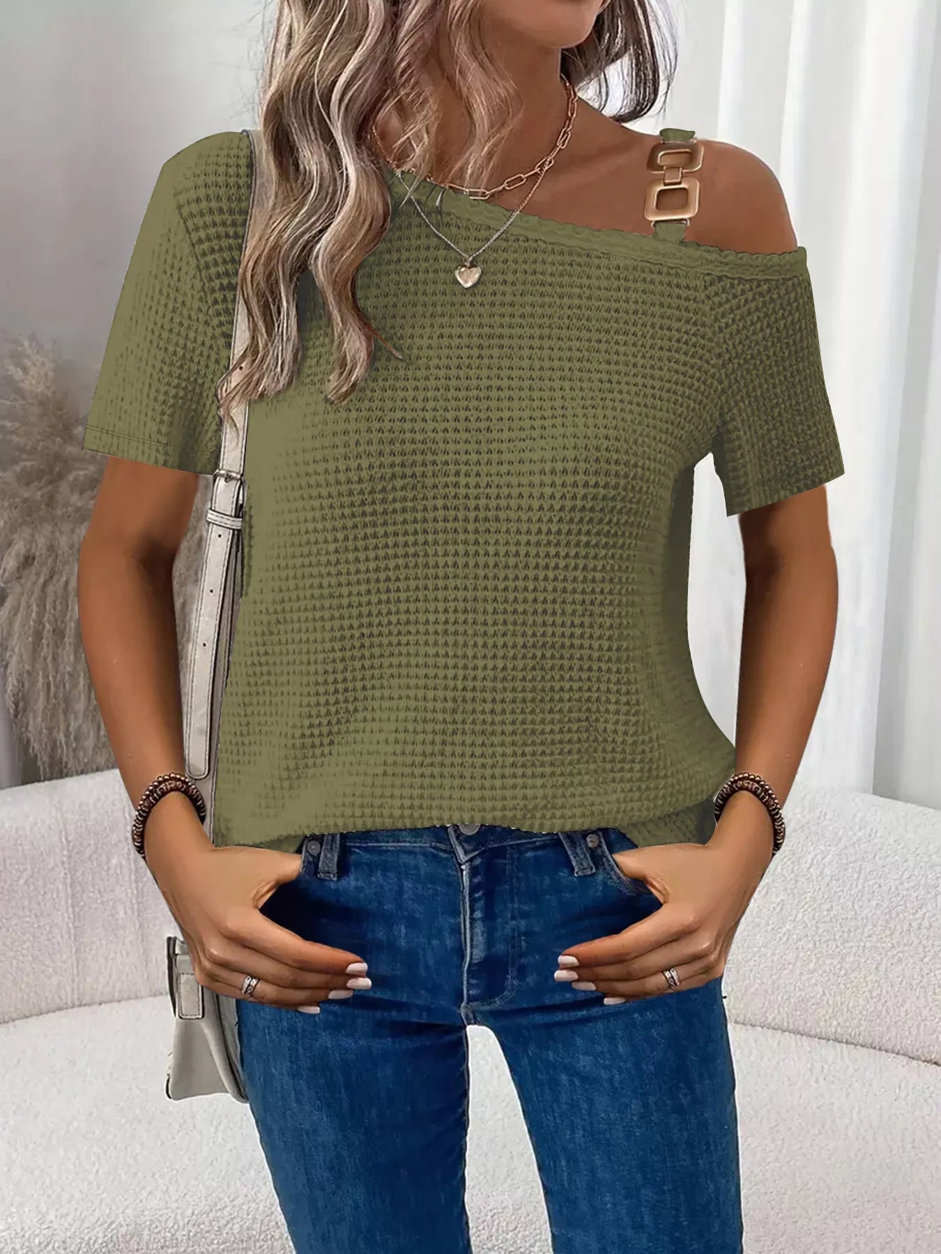 One - Shoulder Chain Detail Waffle Knit T-Shirt - Grace & Grit Boutique