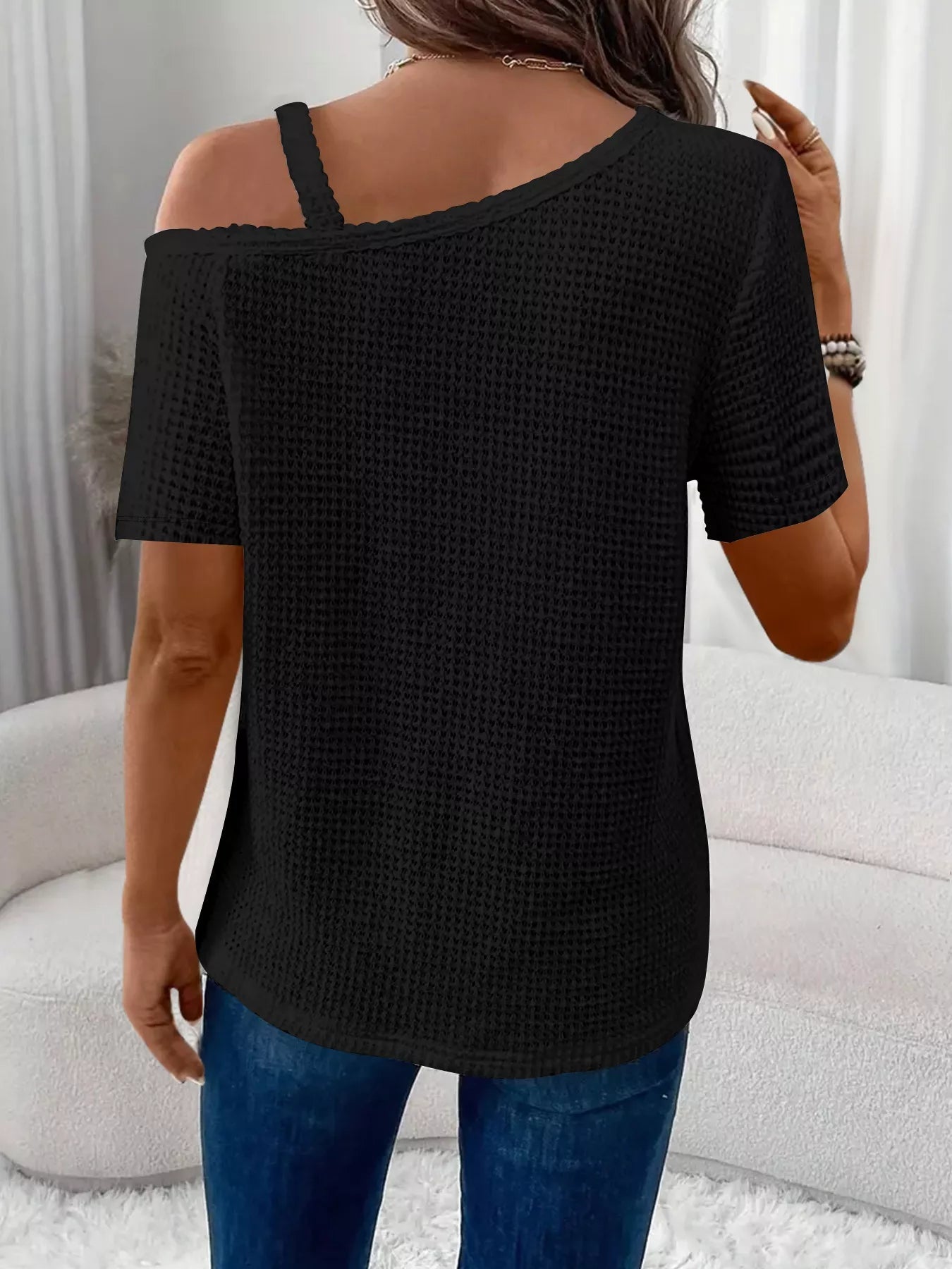 One - Shoulder Chain Detail Waffle Knit T-Shirt - Grace & Grit Boutique