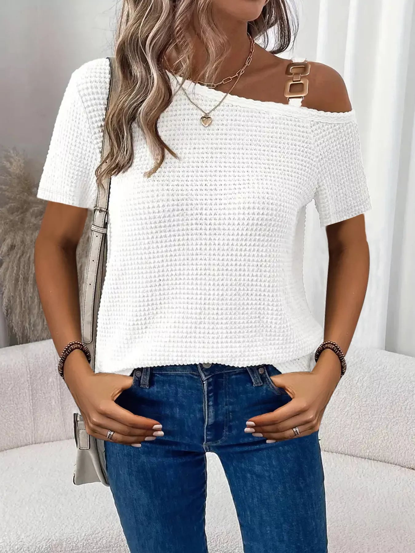 One - Shoulder Chain Detail Waffle Knit T-Shirt - Grace & Grit Boutique