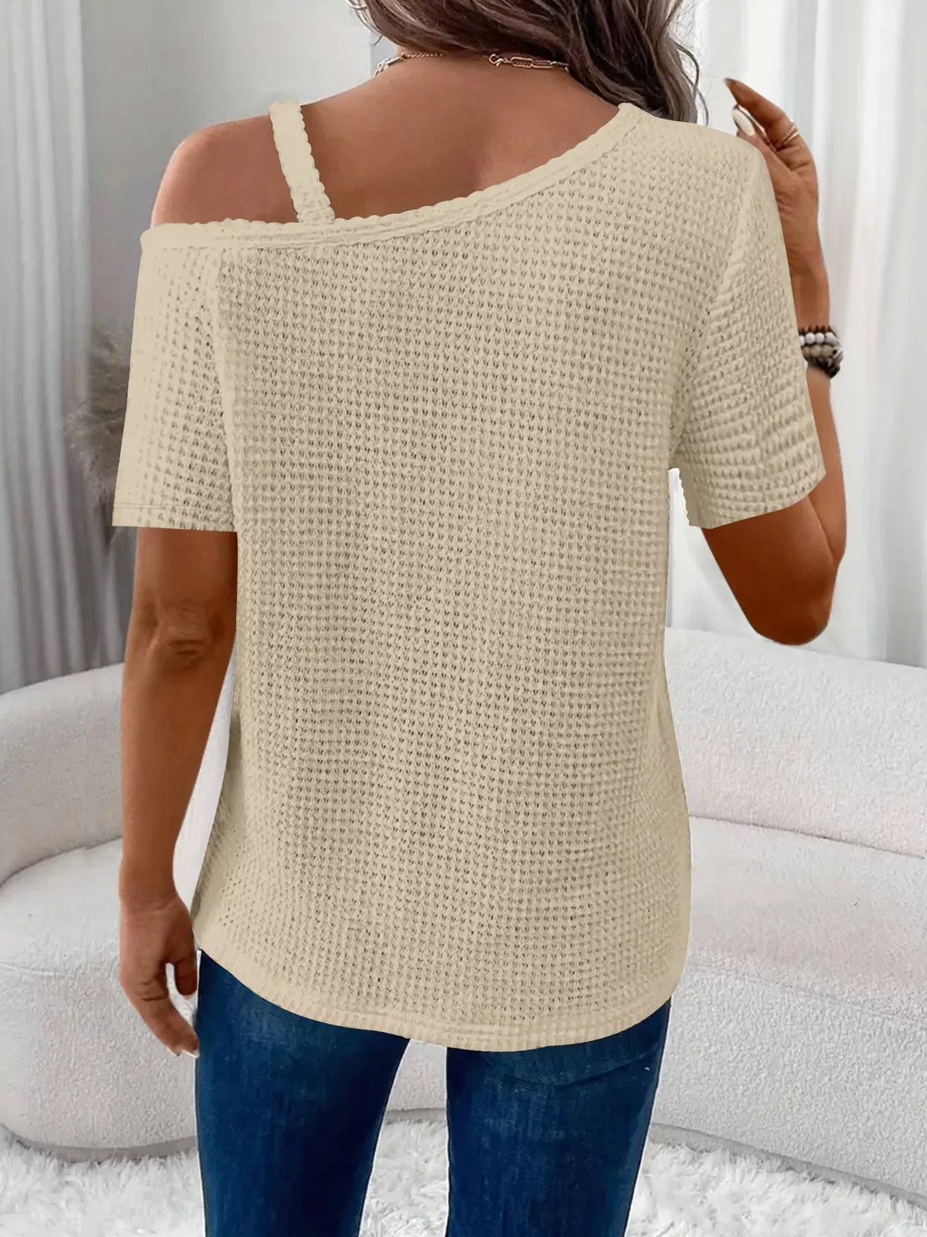 One - Shoulder Chain Detail Waffle Knit T-Shirt - Grace & Grit Boutique