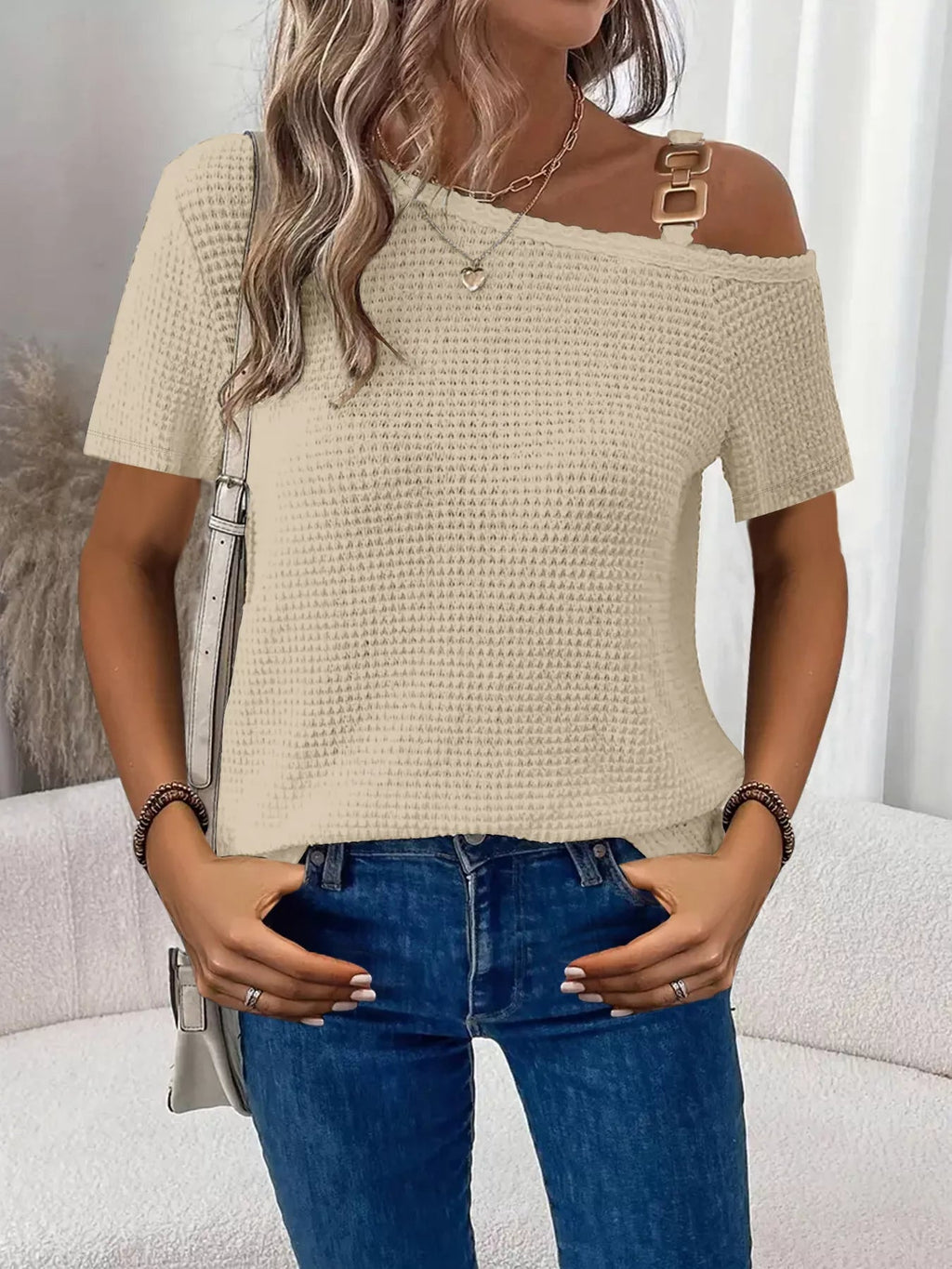 One - Shoulder Chain Detail Waffle Knit T-Shirt - Grace & Grit Boutique