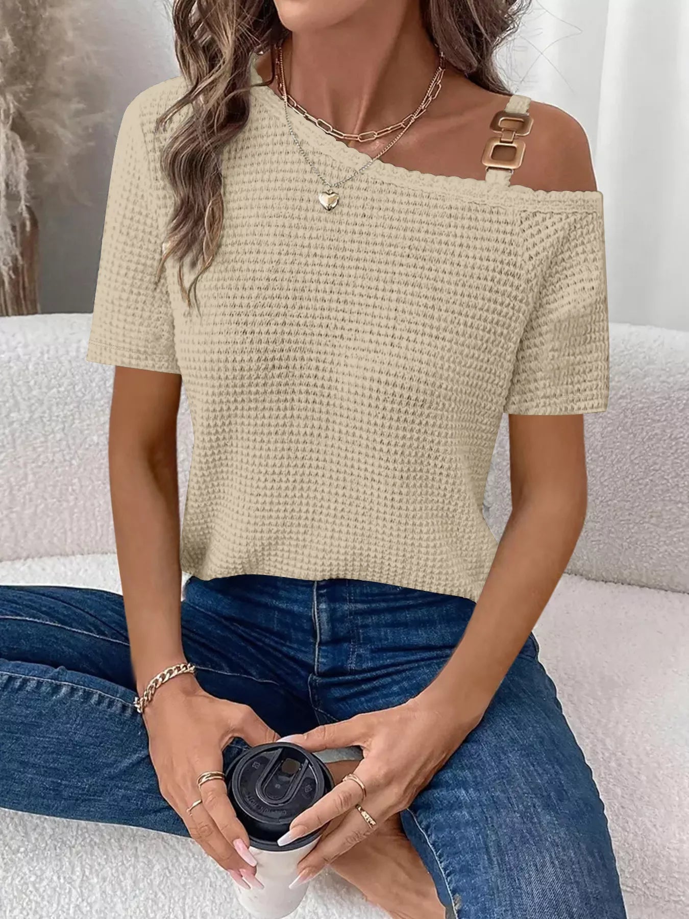 One - Shoulder Chain Detail Waffle Knit T-Shirt - Grace & Grit Boutique