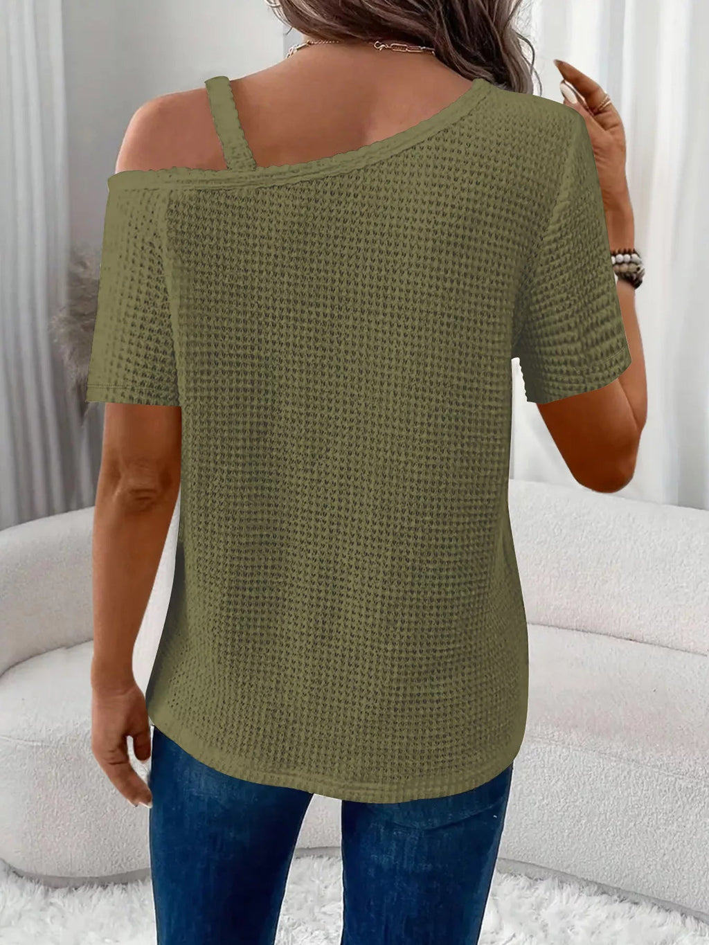 One - Shoulder Chain Detail Waffle Knit T-Shirt - Grace & Grit Boutique