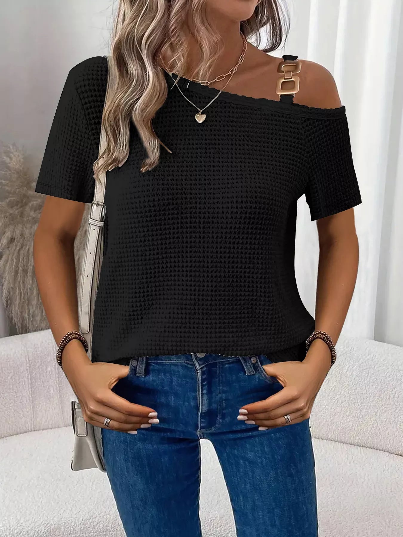 One - Shoulder Chain Detail Waffle Knit T-Shirt - Grace & Grit Boutique