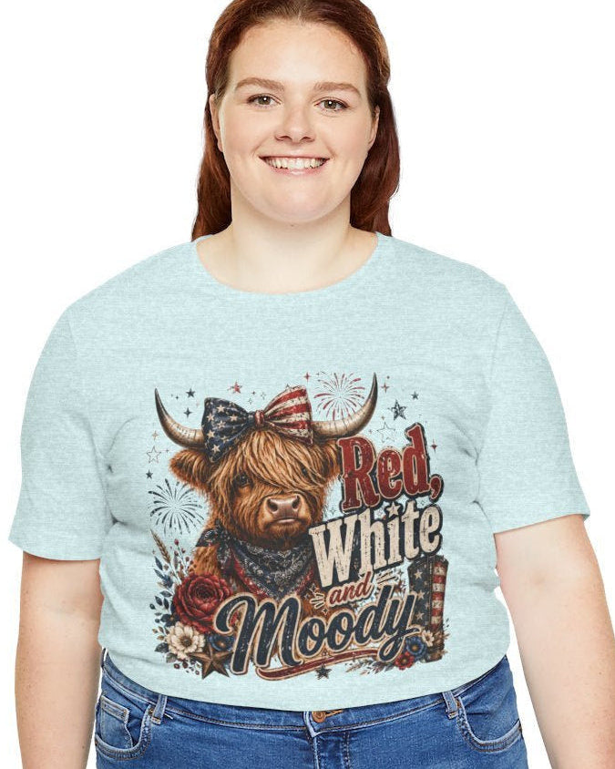 Patriotic Highland Cow Tee — Red, White & Moody Graphic T-Shirt - Grace & Grit Boutique