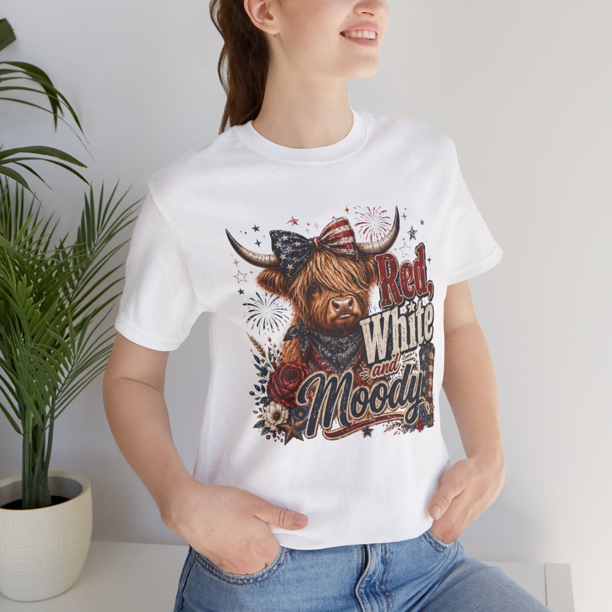 Patriotic Highland Cow Tee — Red, White & Moody Graphic T-Shirt - Grace & Grit Boutique