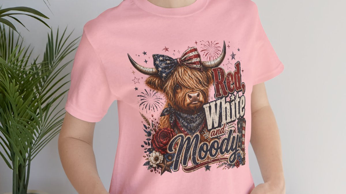 Patriotic Highland Cow Tee — Red, White & Moody Graphic T-Shirt - Grace & Grit Boutique
