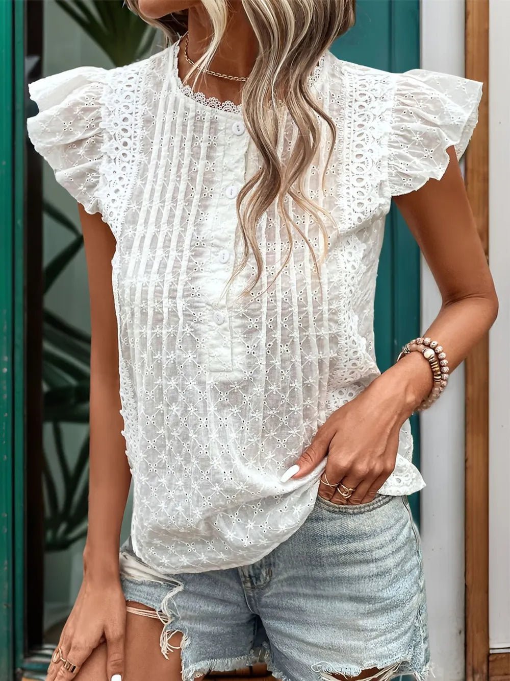 Perfee Lace Detail Eyelet Ruffle Cap Sleeve Blouse - Grace & Grit Boutique