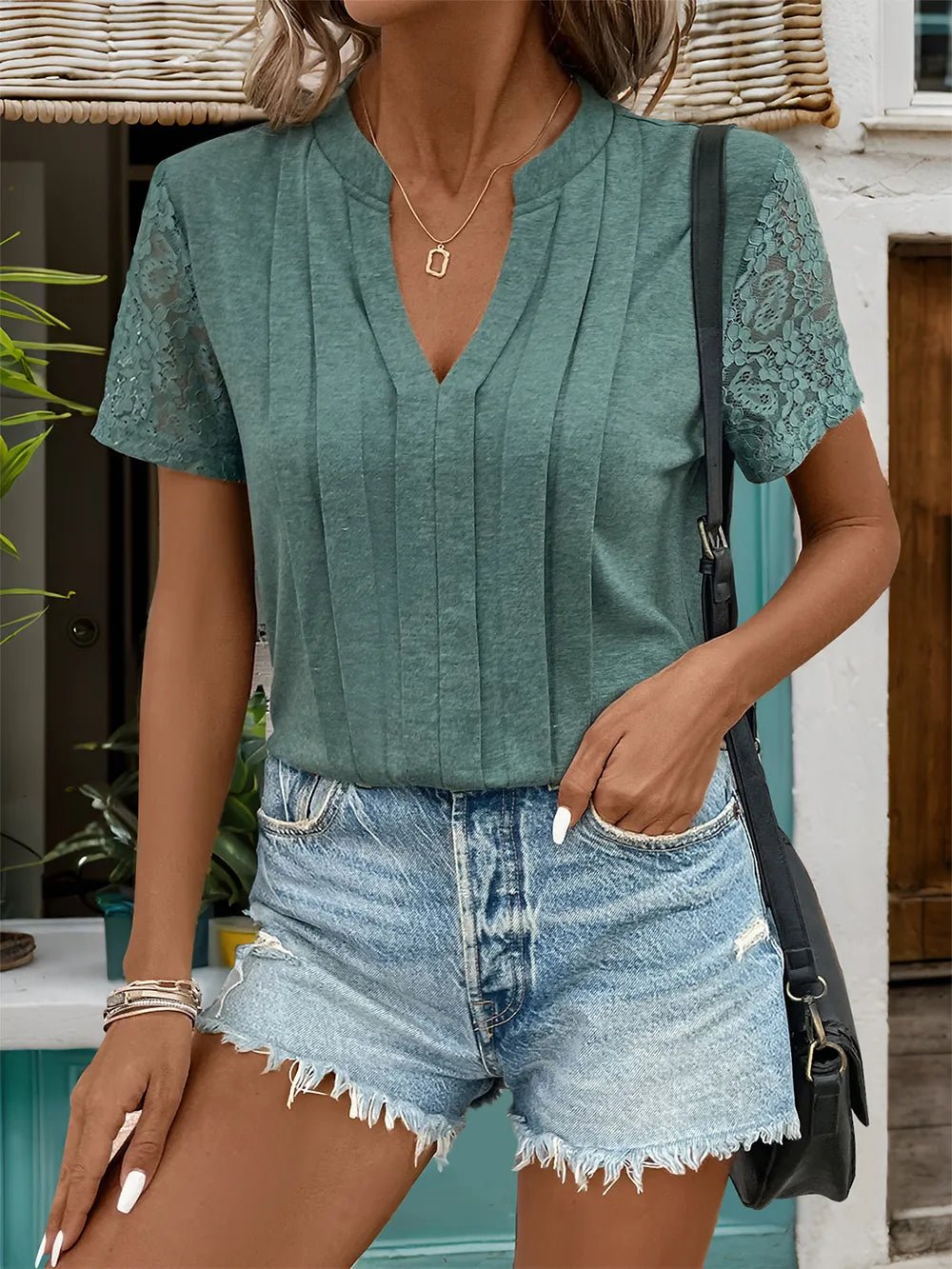 Perfee Lace Detail Notched Short Sleeve T-Shirt - Grace & Grit Boutique