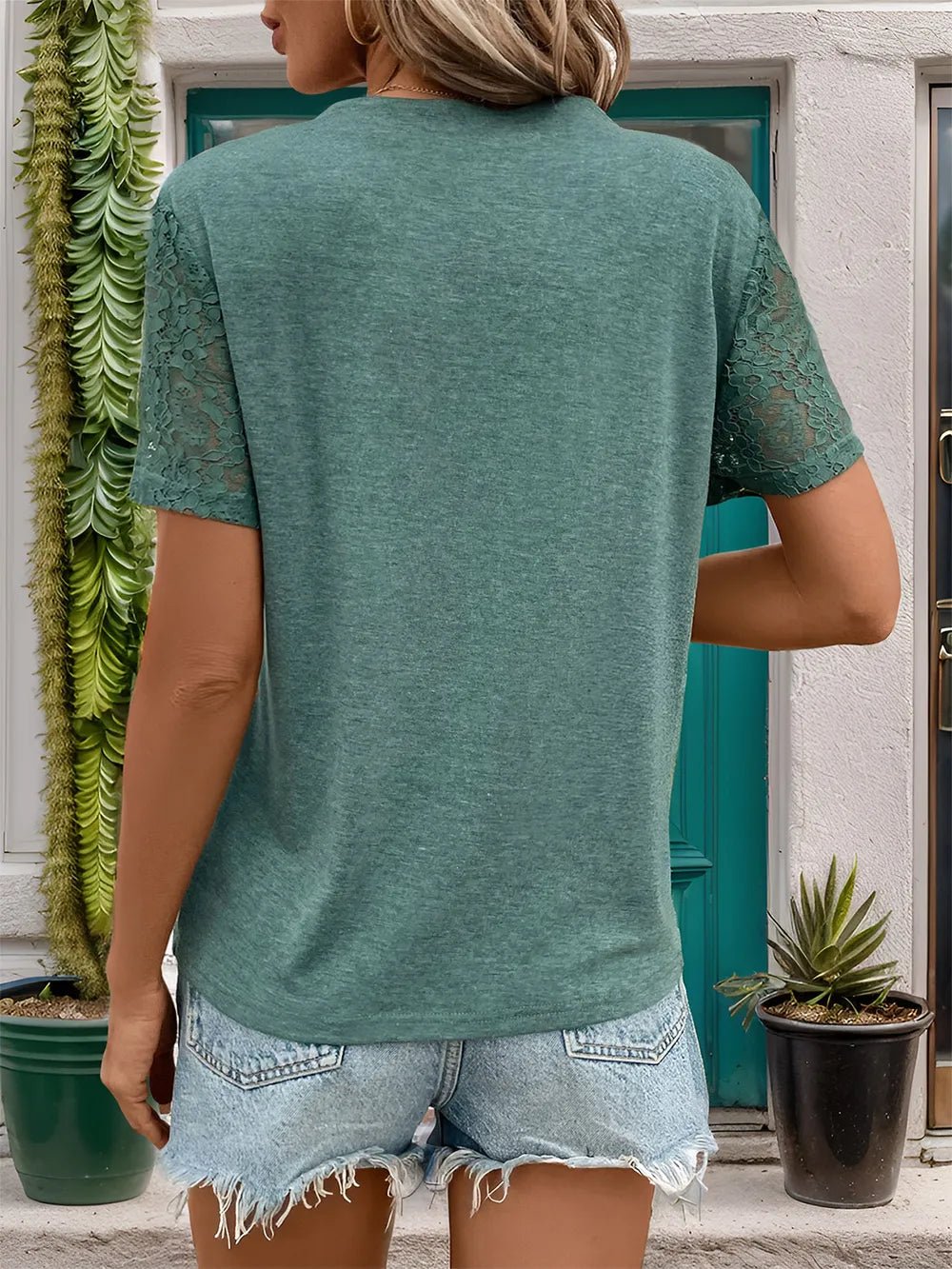 Perfee Lace Detail Notched Short Sleeve T-Shirt - Grace & Grit Boutique