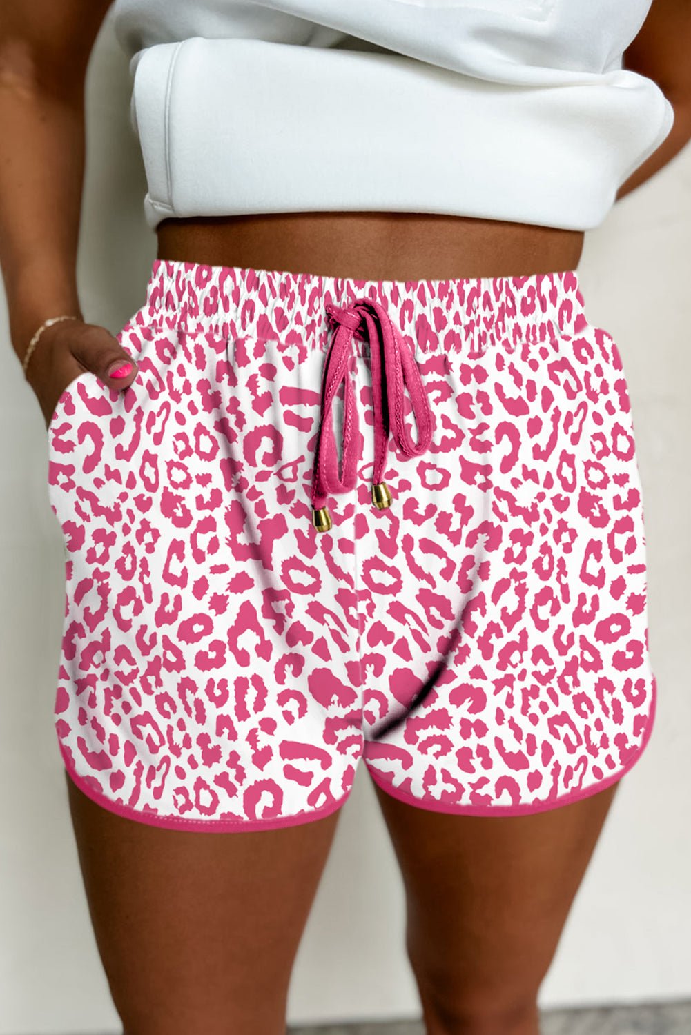 Pink Leopard Elastic Waistband Lace up Contrast Trim Casual Shorts - Grace & Grit Boutique