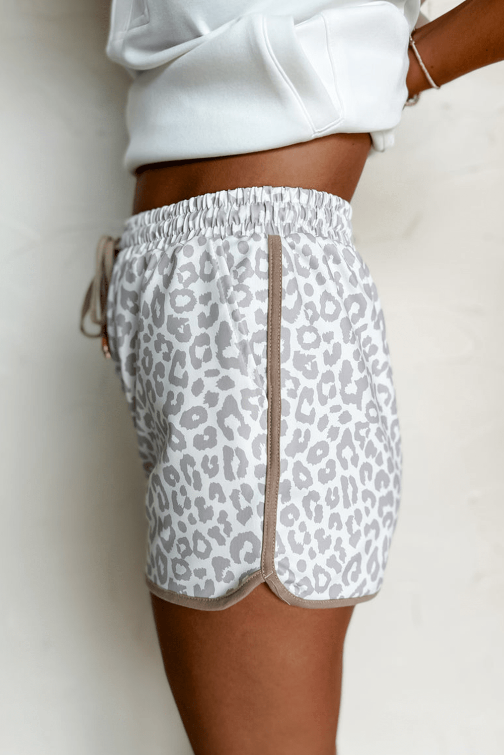 Pink Leopard Elastic Waistband Lace up Contrast Trim Casual Shorts - Grace & Grit Boutique