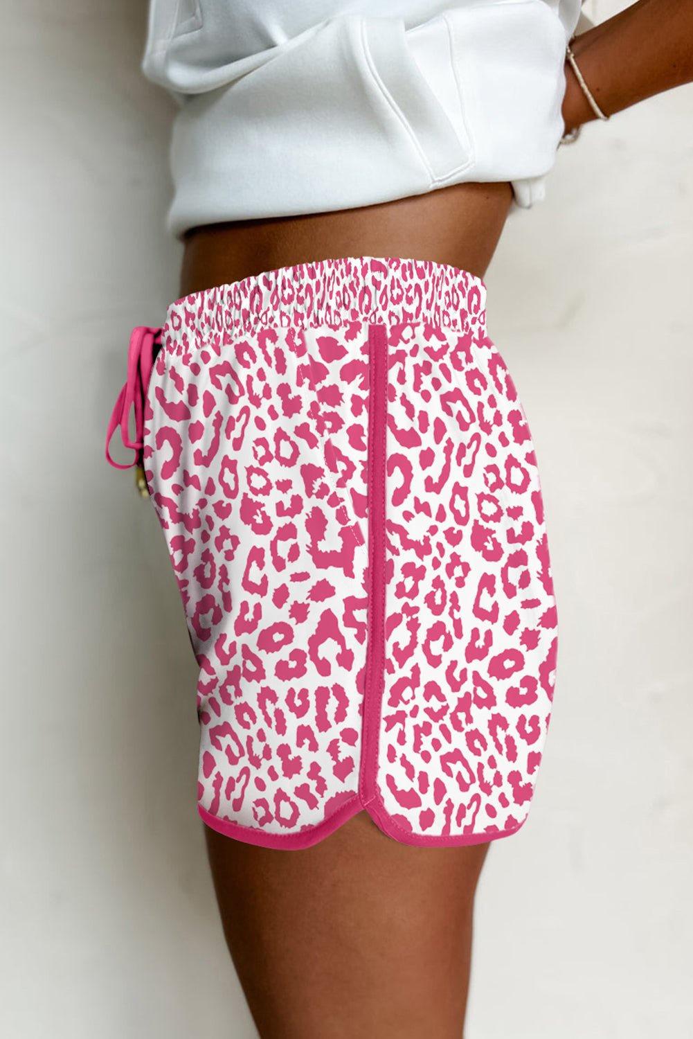 Pink Leopard Elastic Waistband Lace up Contrast Trim Casual Shorts - Grace & Grit Boutique