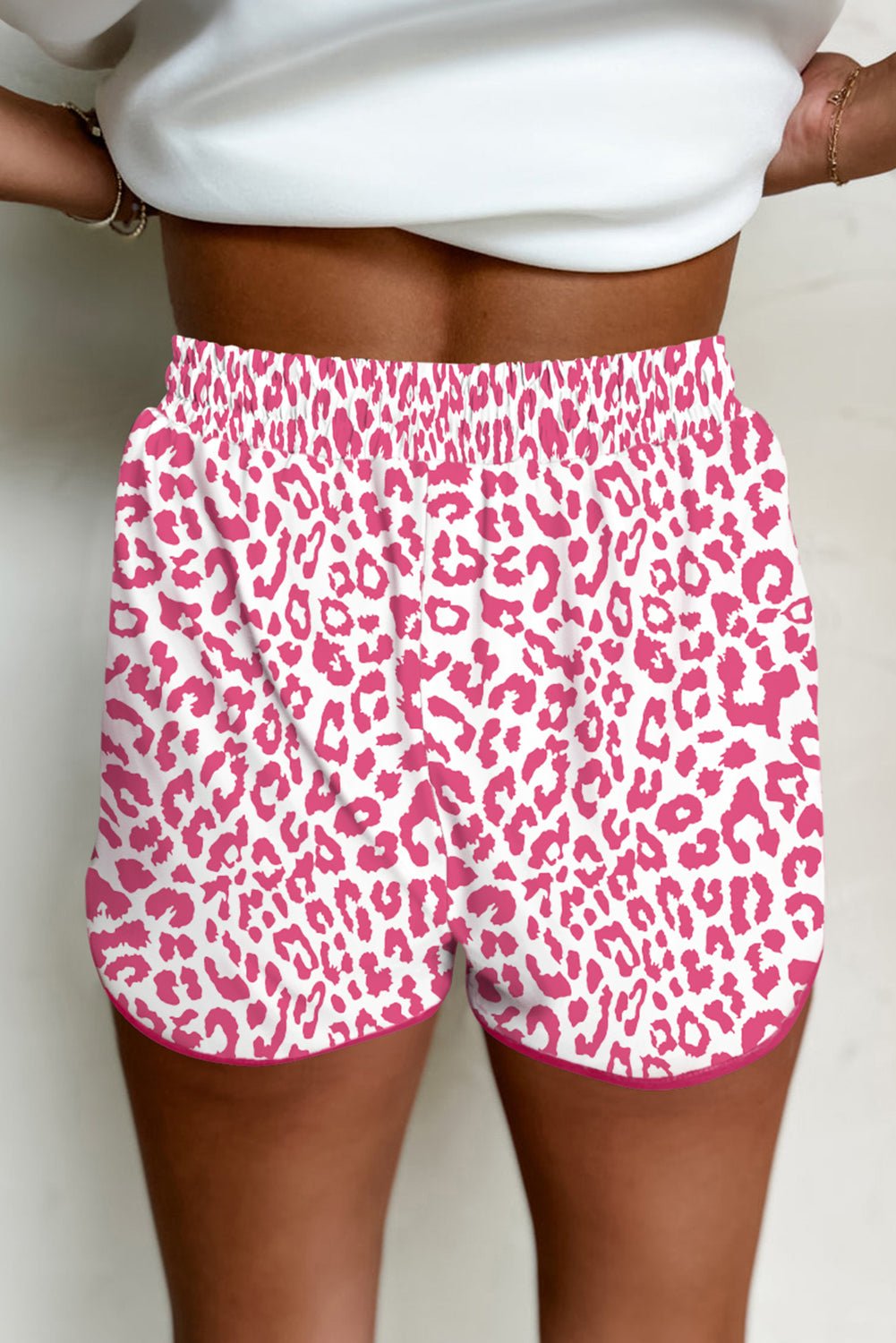 Pink Leopard Elastic Waistband Lace up Contrast Trim Casual Shorts - Grace & Grit Boutique