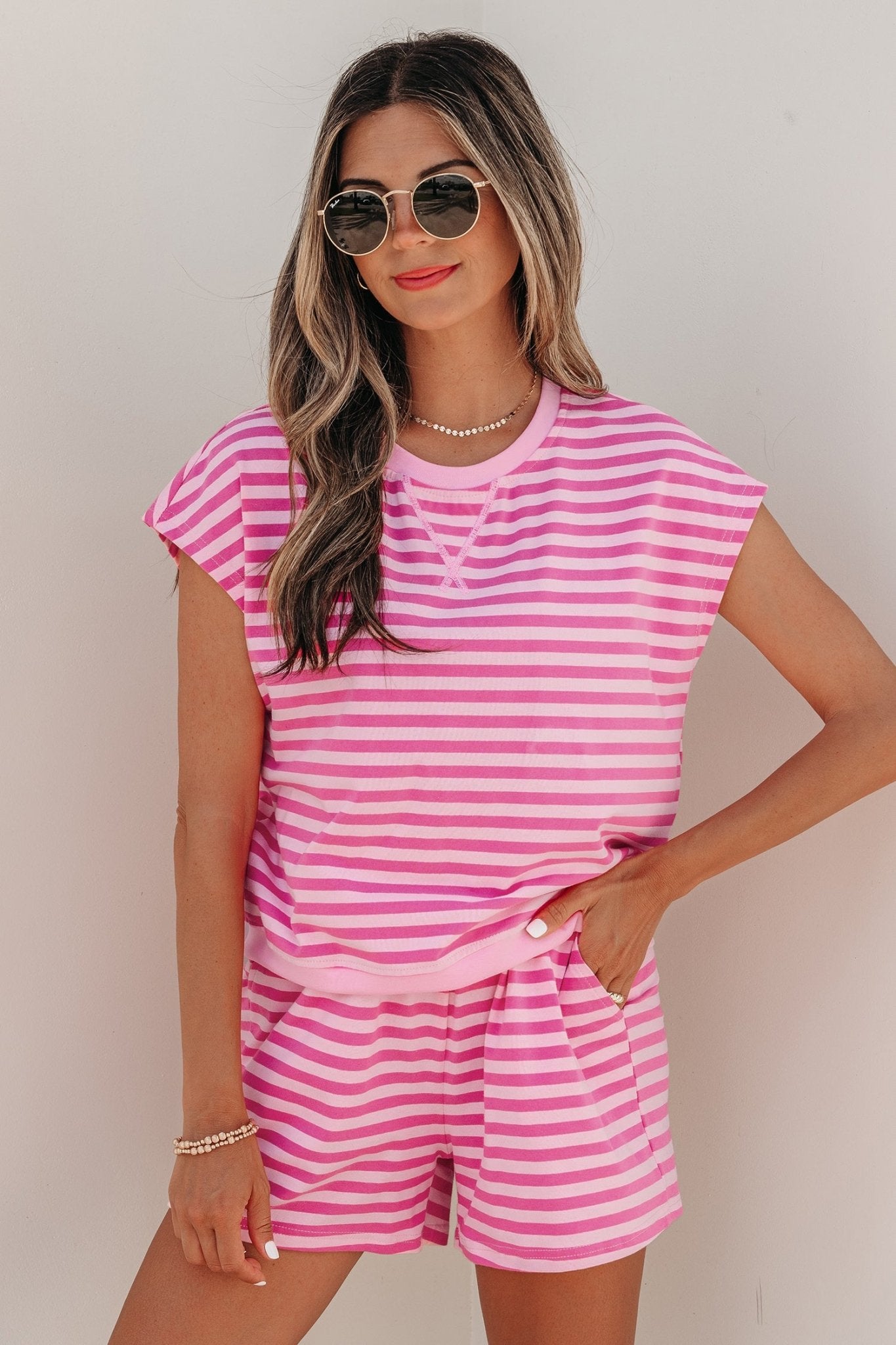 Pink Stripe Cap Sleeve Tee Elastic Waist Shorts 2pcs Outfit - Grace & Grit Boutique