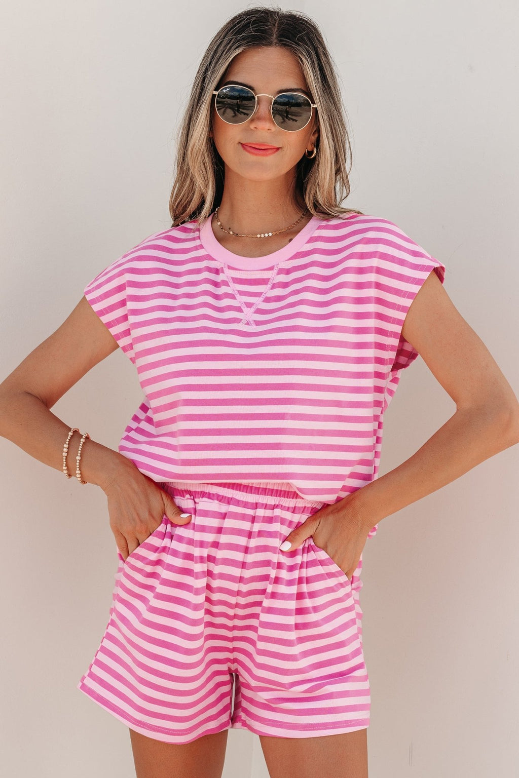 Pink Stripe Cap Sleeve Tee Elastic Waist Shorts 2pcs Outfit - Grace & Grit Boutique