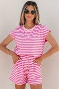 Pink Stripe Cap Sleeve Tee Elastic Waist Shorts 2pcs Outfit - Grace & Grit Boutique