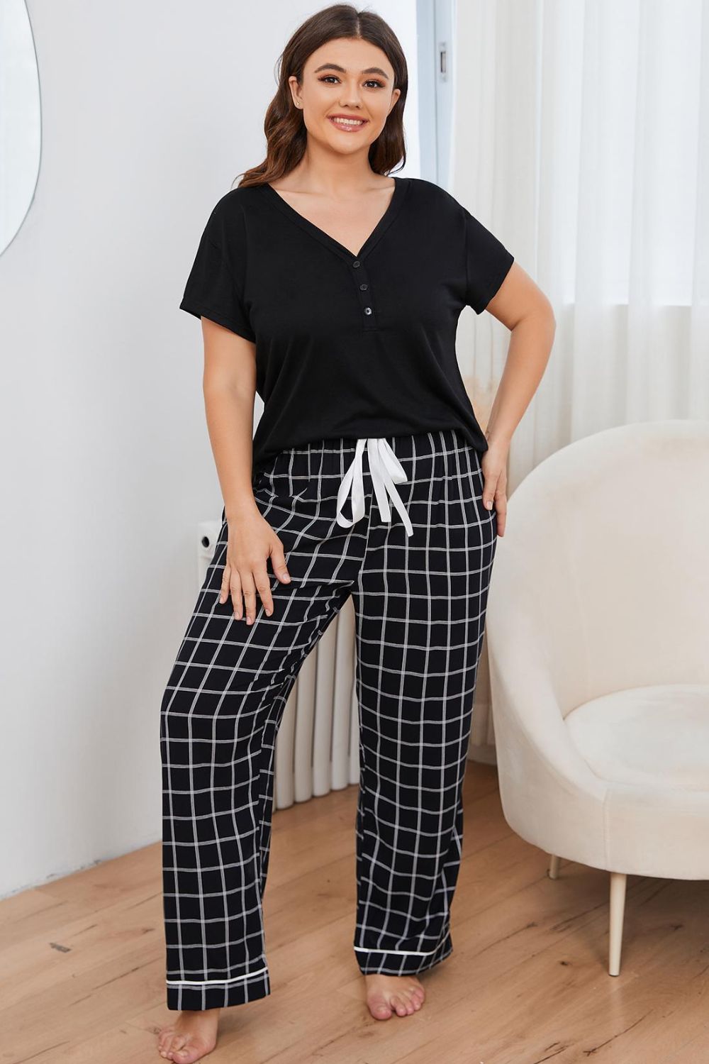 Plus Size V - Neck Top and Plaid Pants Lounge Set - Grace & Grit Boutique