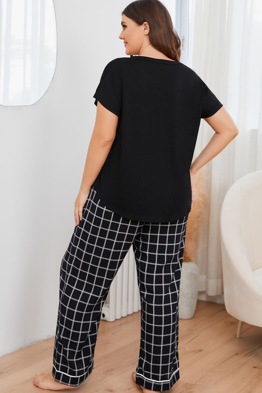 Plus Size V - Neck Top and Plaid Pants Lounge Set - Grace & Grit Boutique
