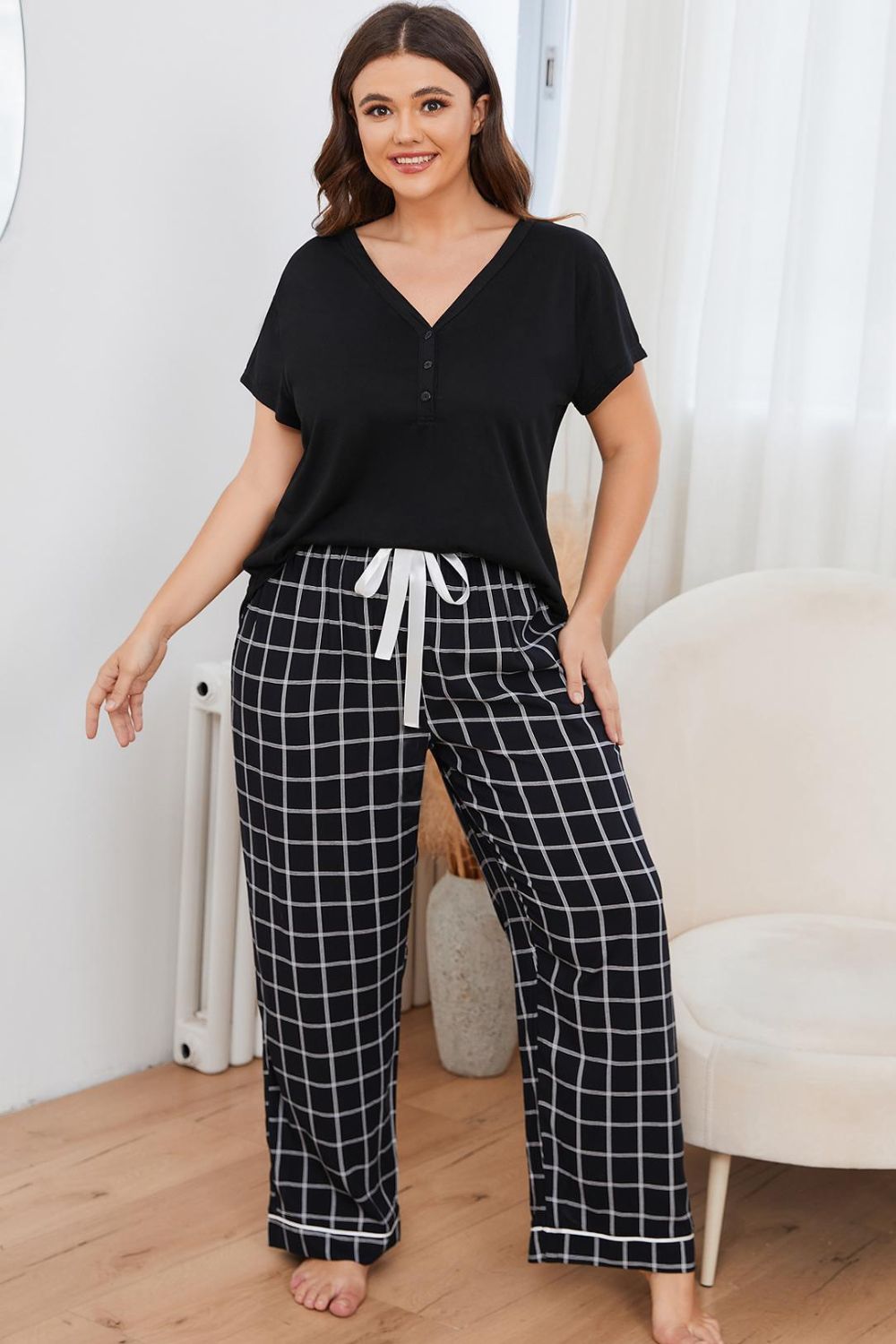 Plus Size V - Neck Top and Plaid Pants Lounge Set - Grace & Grit Boutique