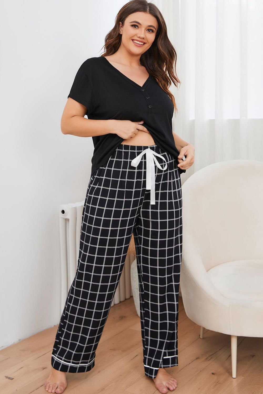 Plus Size V - Neck Top and Plaid Pants Lounge Set - Grace & Grit Boutique