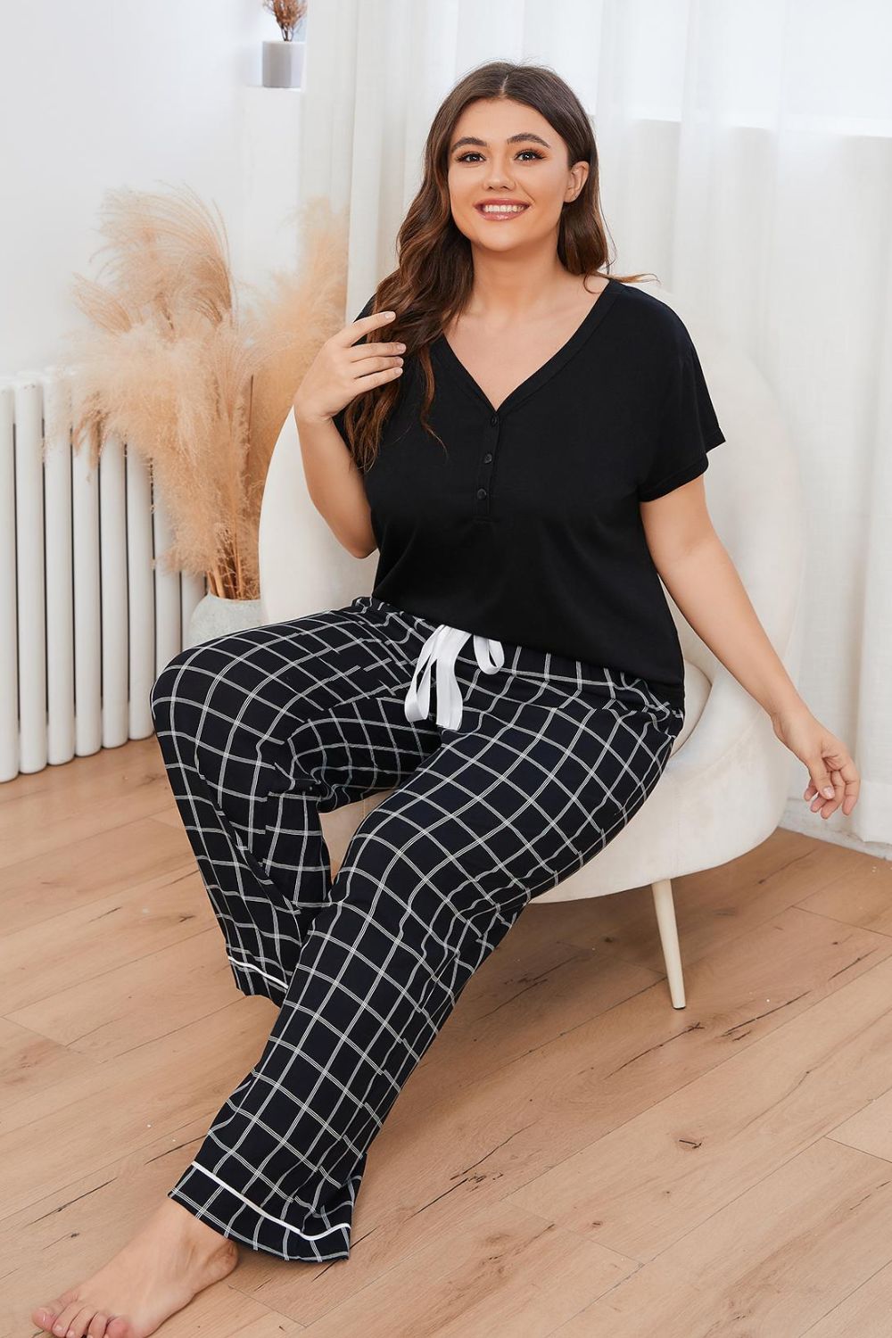 Plus Size V - Neck Top and Plaid Pants Lounge Set - Grace & Grit Boutique