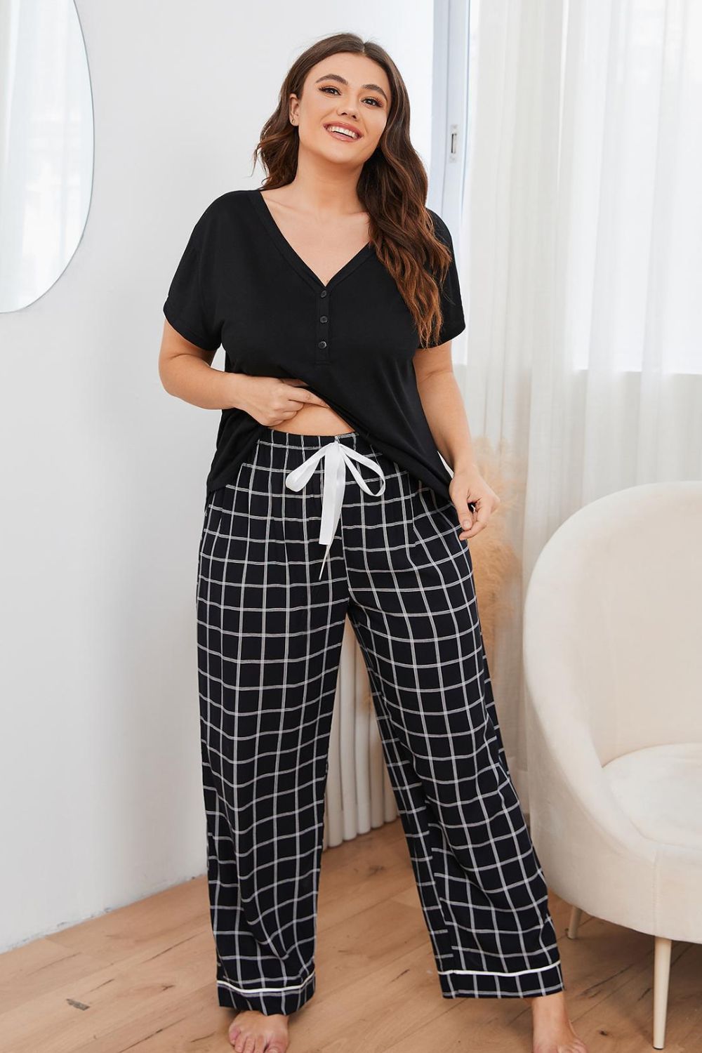 Plus Size V - Neck Top and Plaid Pants Lounge Set - Grace & Grit Boutique