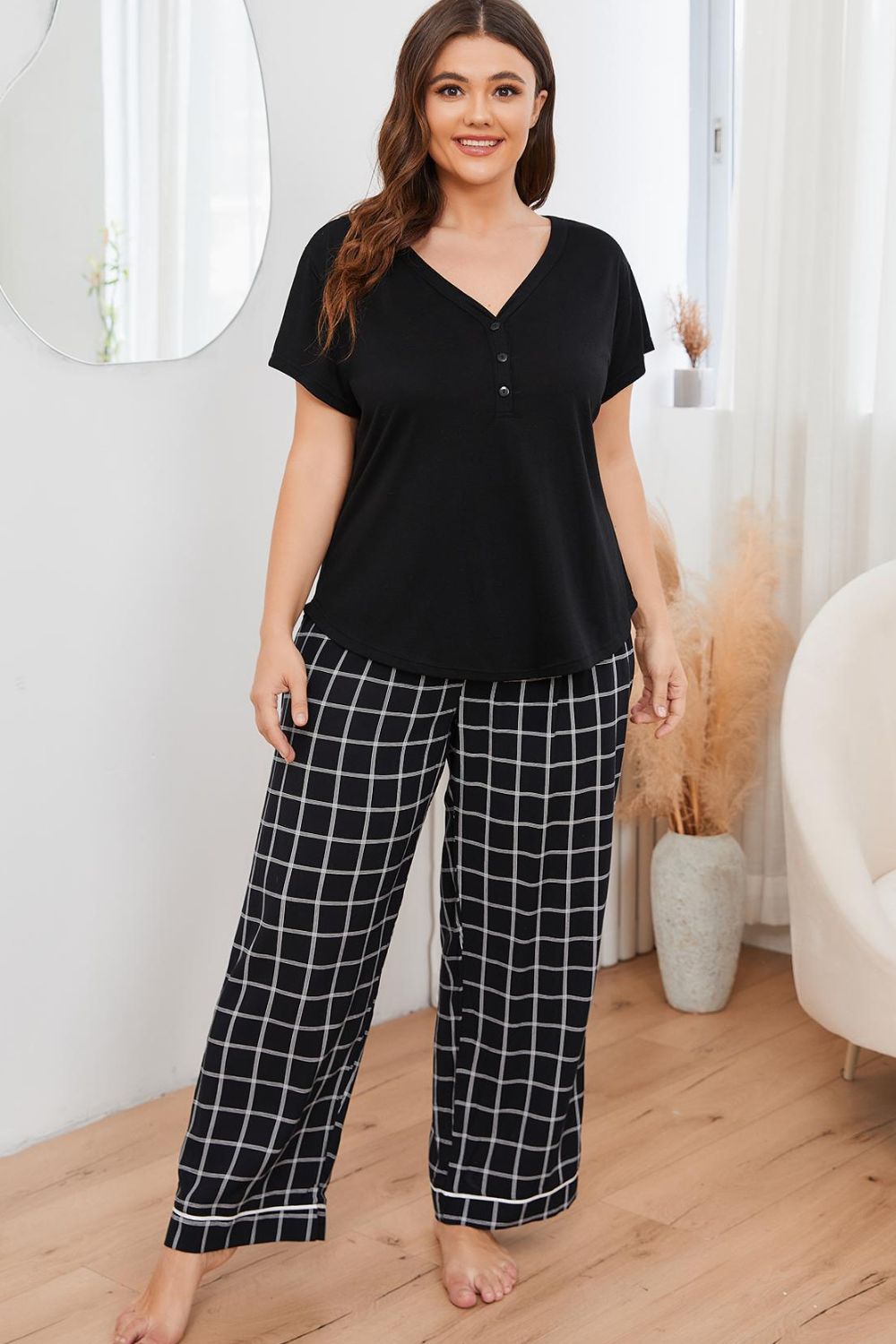 Plus Size V - Neck Top and Plaid Pants Lounge Set - Grace & Grit Boutique