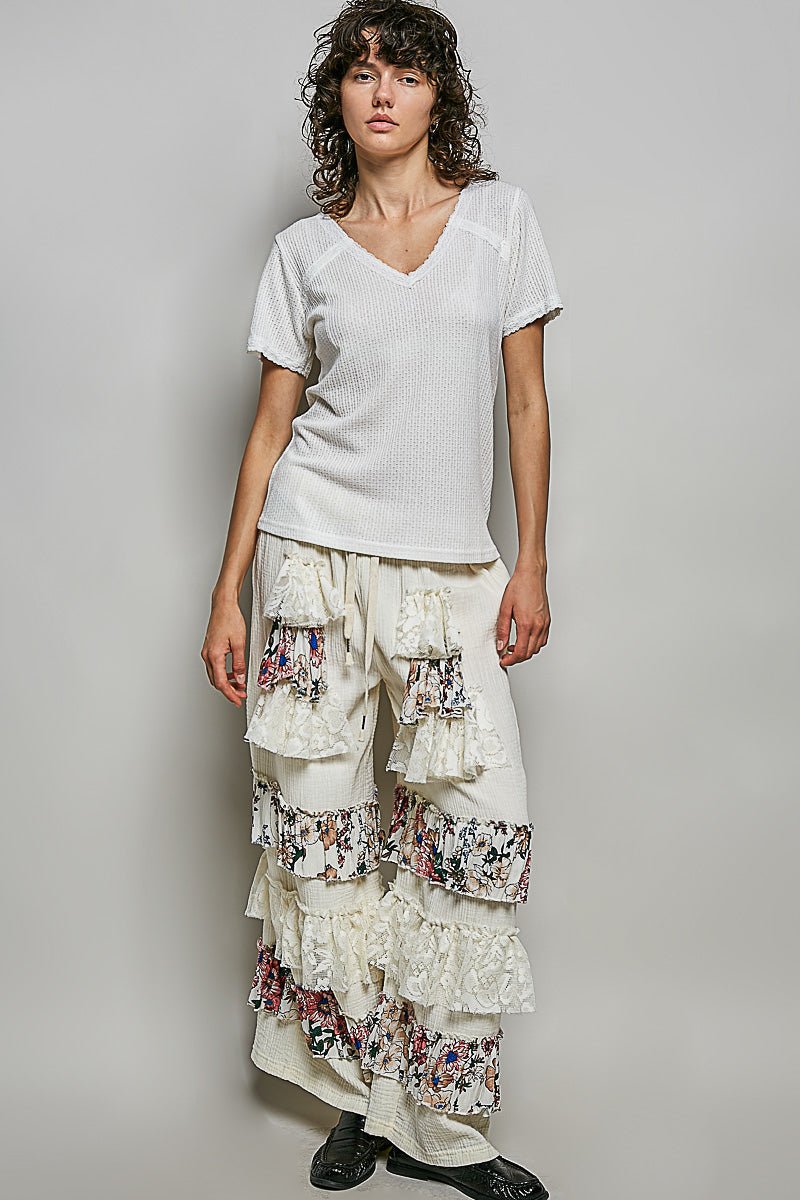 POL Lace Detail V - Neck Short Sleeve Textured T-Shirt - Grace & Grit Boutique