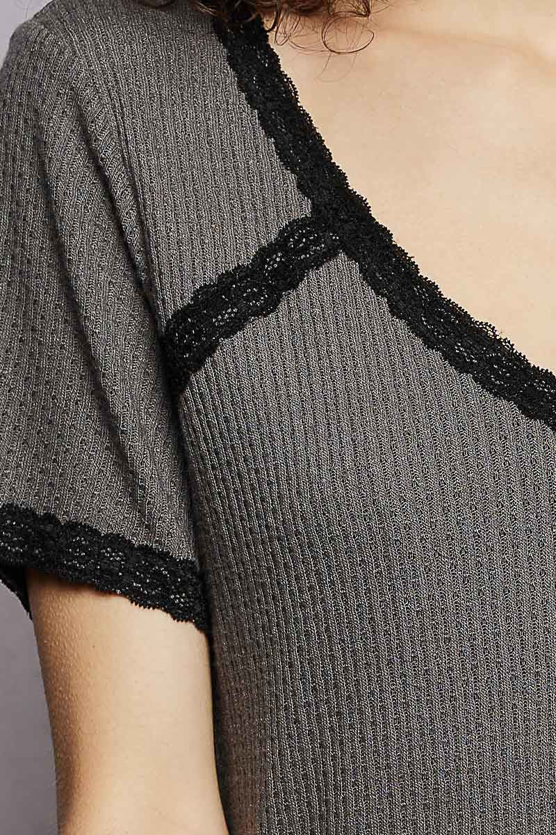 POL Lace Detail V - Neck Short Sleeve Textured T-Shirt - Grace & Grit Boutique