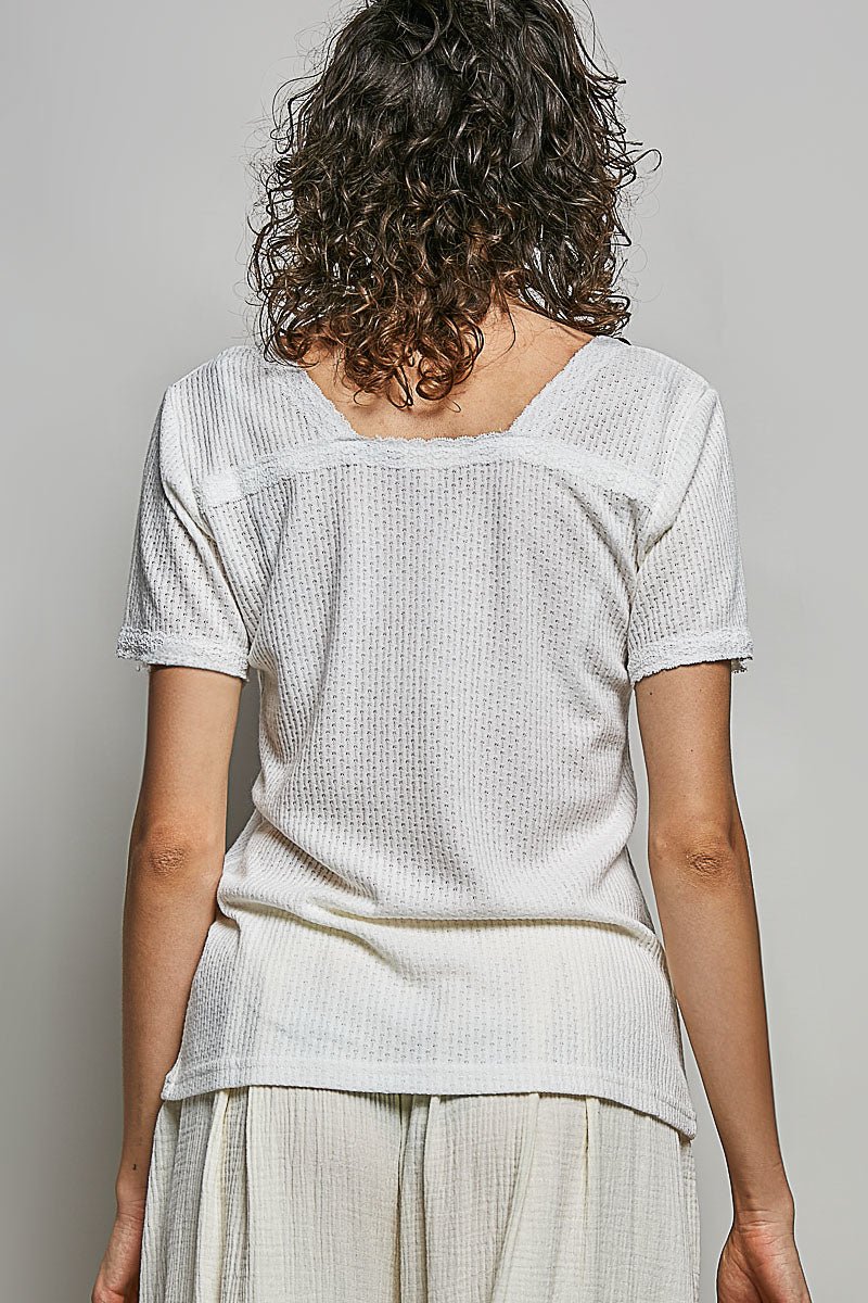 POL Lace Detail V - Neck Short Sleeve Textured T-Shirt - Grace & Grit Boutique