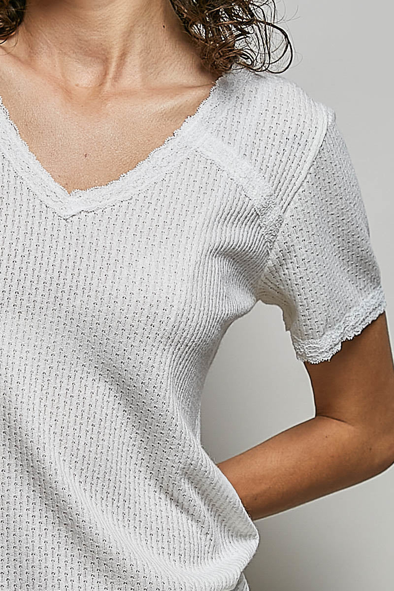 POL Lace Detail V - Neck Short Sleeve Textured T-Shirt - Grace & Grit Boutique
