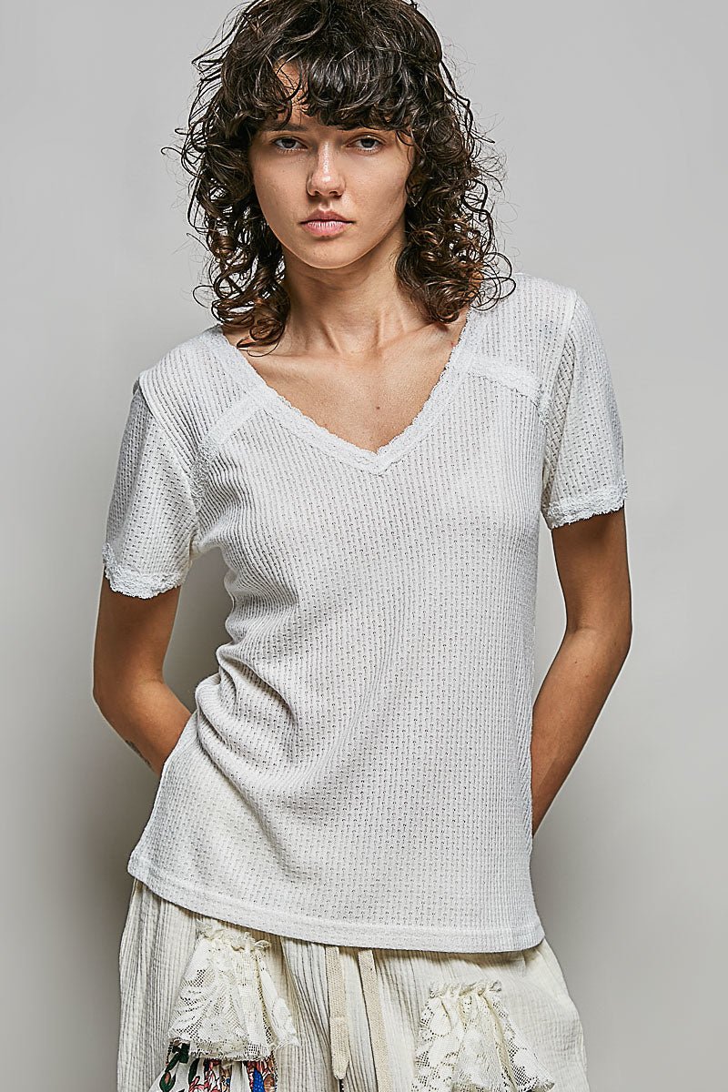 POL Lace Detail V - Neck Short Sleeve Textured T-Shirt - Grace & Grit Boutique