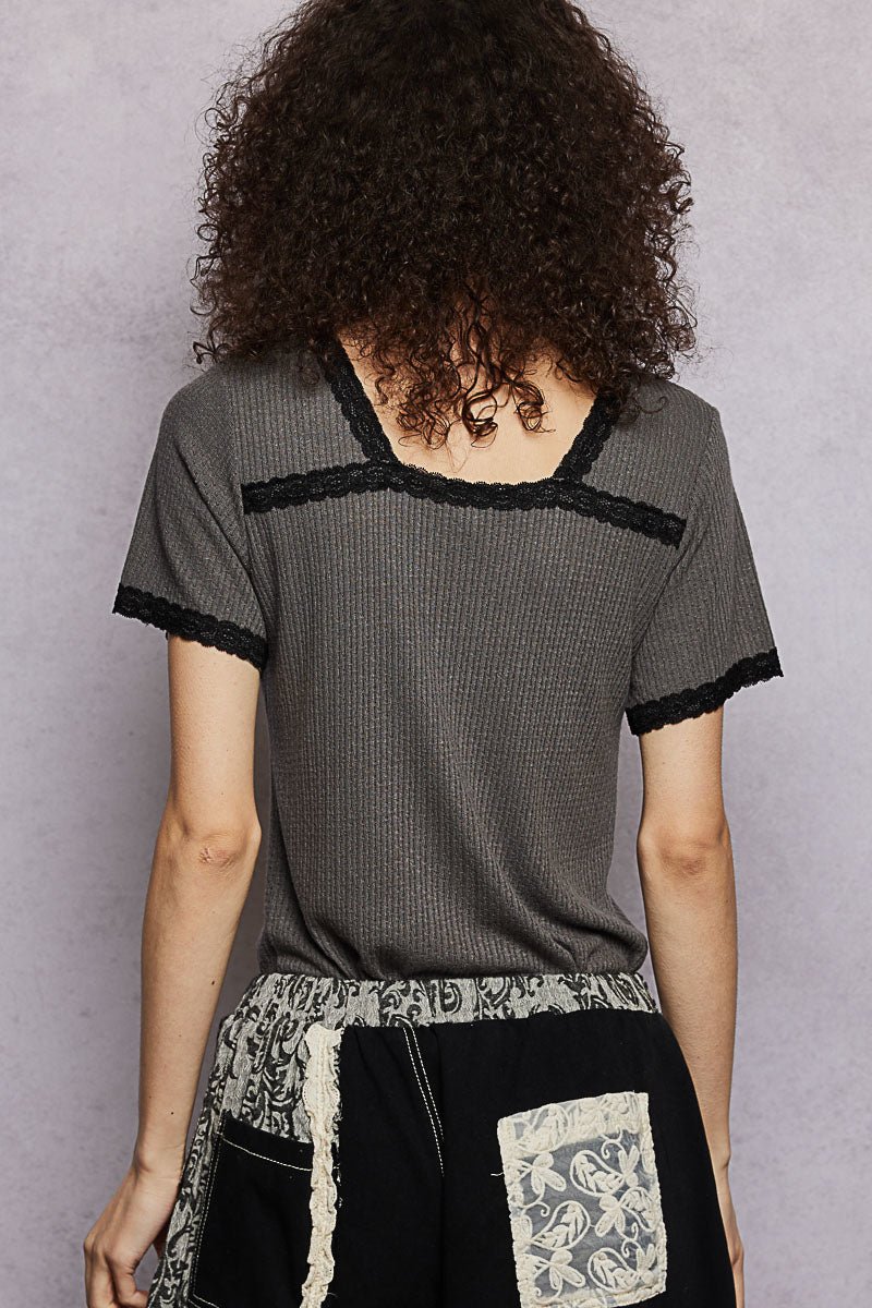 POL Lace Detail V - Neck Short Sleeve Textured T-Shirt - Grace & Grit Boutique