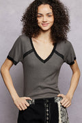 POL Lace Detail V - Neck Short Sleeve Textured T-Shirt - Grace & Grit Boutique