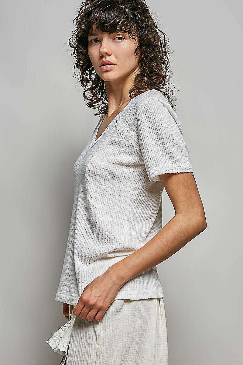 POL Lace Detail V - Neck Short Sleeve Textured T-Shirt - Grace & Grit Boutique