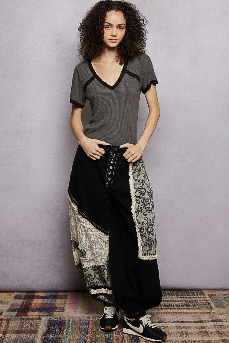 POL Lace Detail V - Neck Short Sleeve Textured T-Shirt - Grace & Grit Boutique