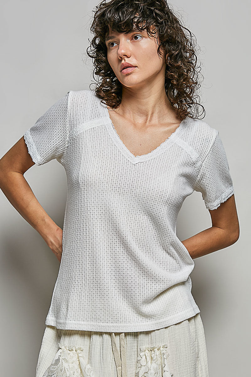 POL Lace Detail V - Neck Short Sleeve Textured T-Shirt - Grace & Grit Boutique