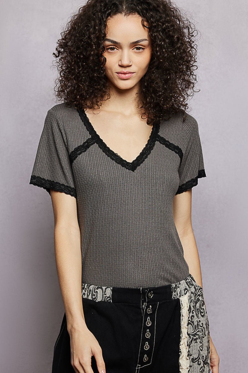POL Lace Detail V - Neck Short Sleeve Textured T-Shirt - Grace & Grit Boutique