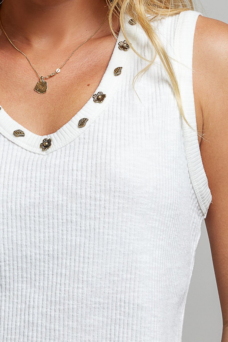 POL Ribbed V - Neck Tank with Stud Point - Grace & Grit Boutique
