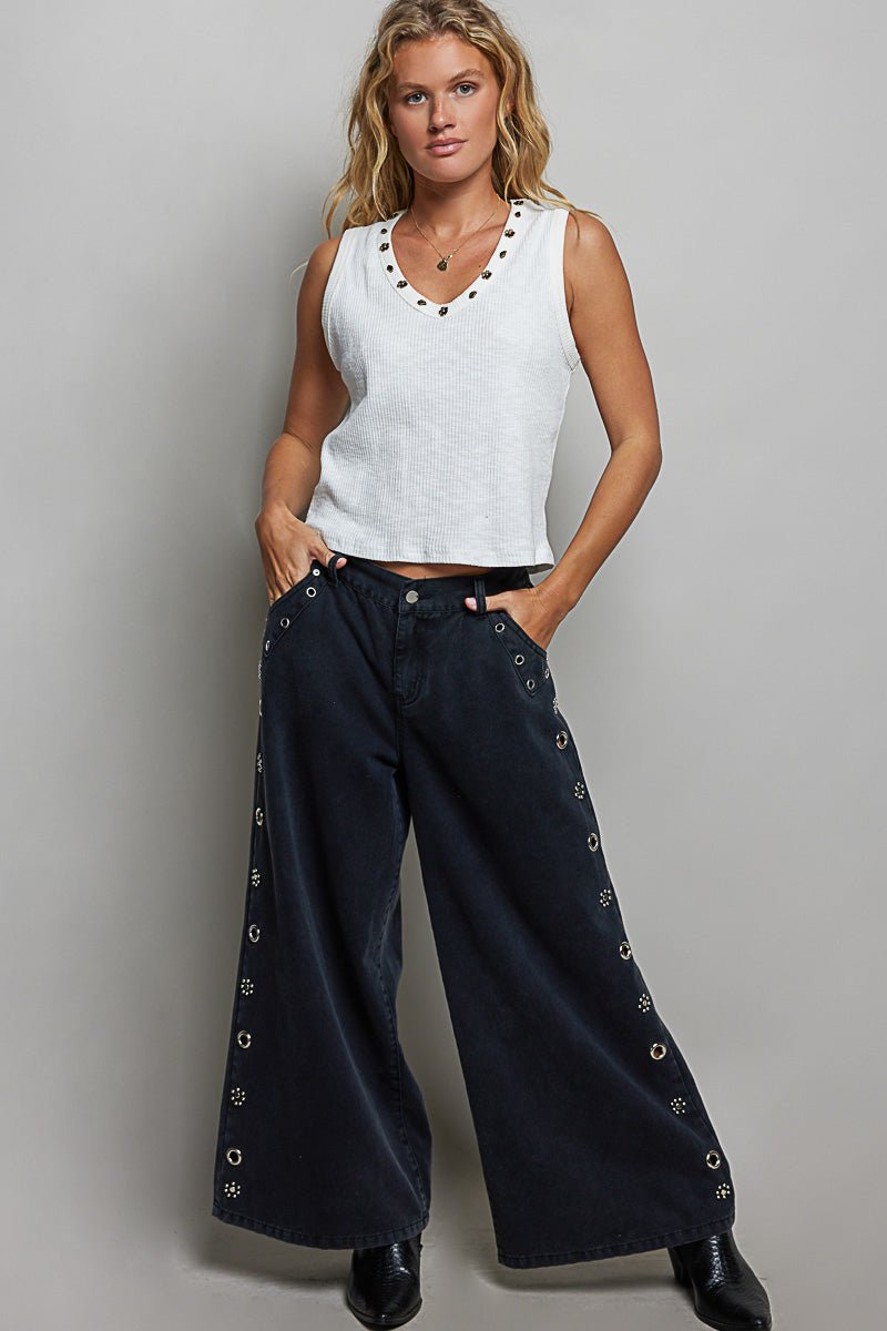 POL Ribbed V - Neck Tank with Stud Point - Grace & Grit Boutique