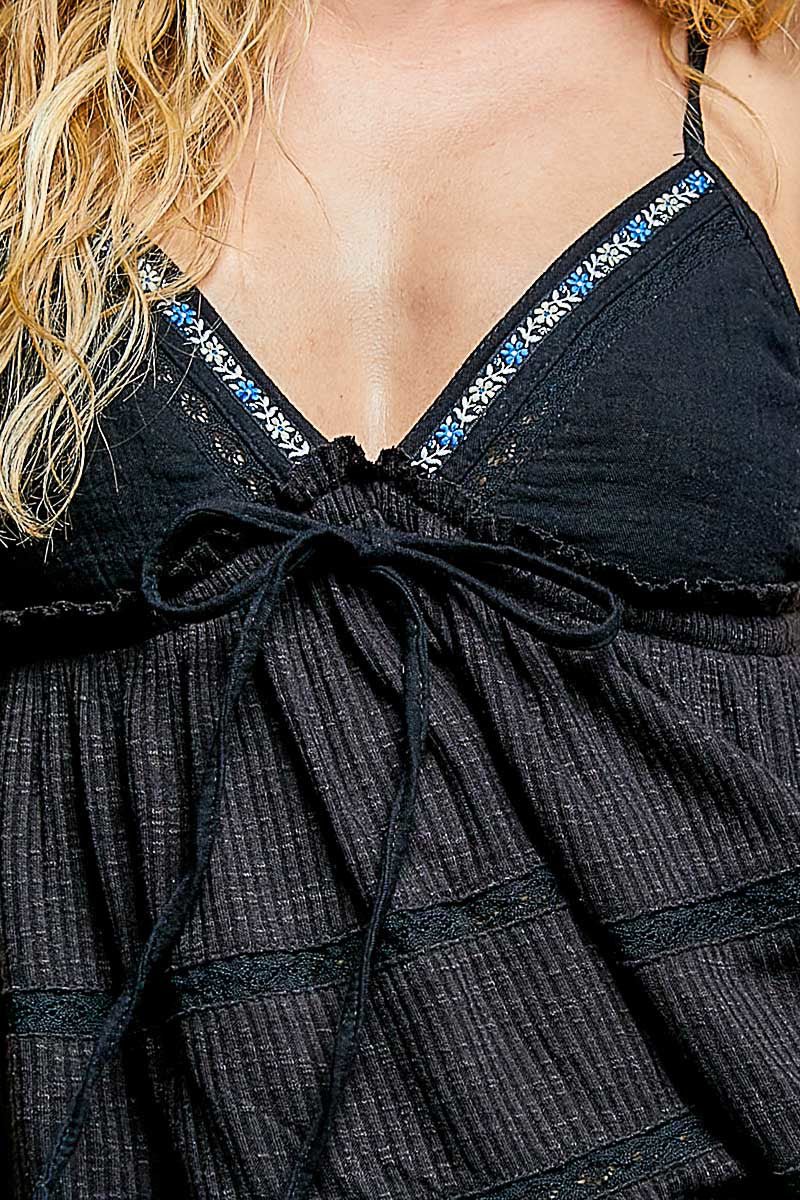POL V - Neck Embroidered Trim Ruffled Cami - Grace & Grit Boutique