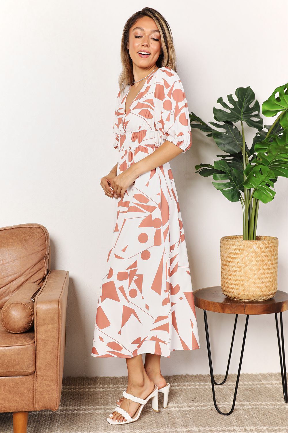 Printed Surplice Balloon Sleeve Dress - Grace & Grit Boutique