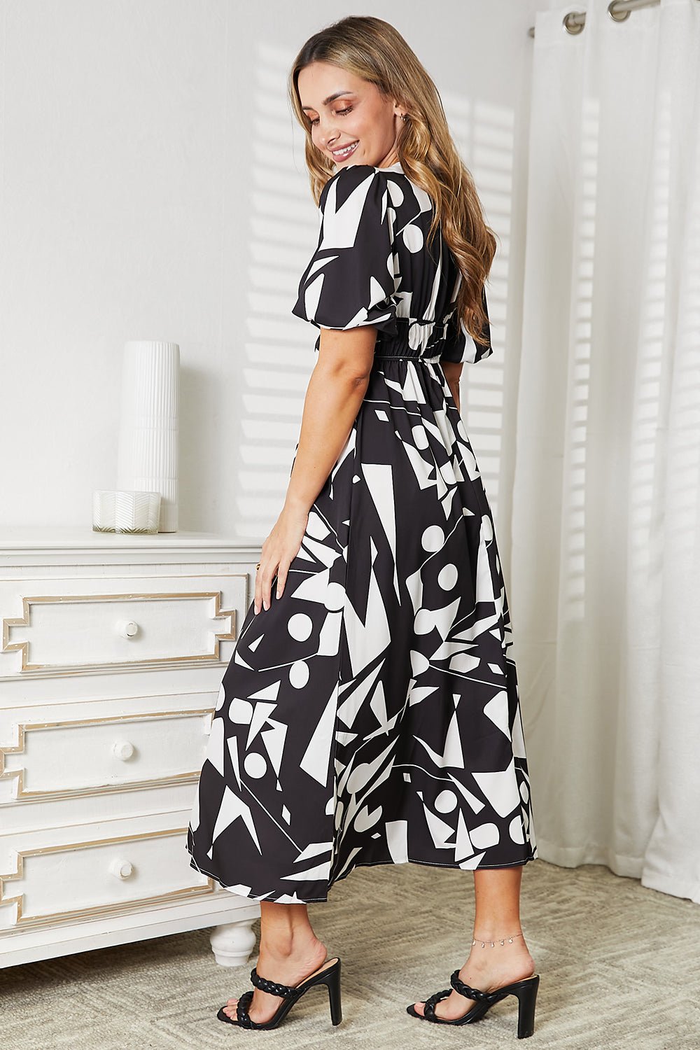 Printed Surplice Balloon Sleeve Dress - Grace & Grit Boutique