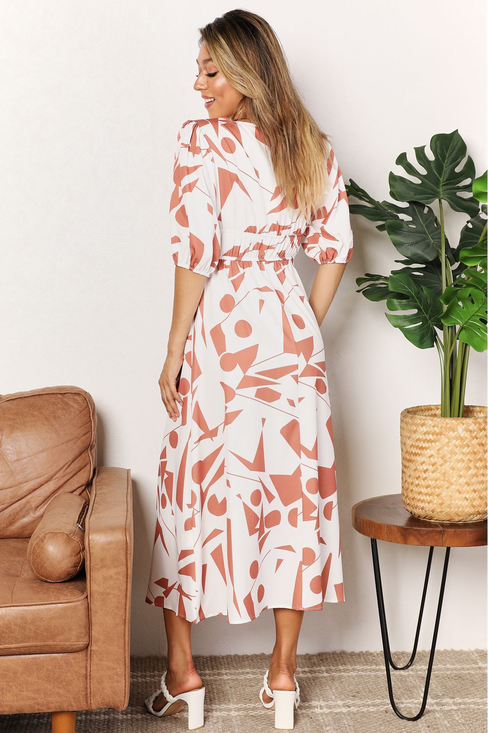 Printed Surplice Balloon Sleeve Dress - Grace & Grit Boutique